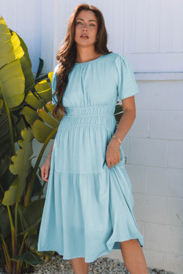 Light Blue Puff Sleeve Pleated High Waist Flowy Midi Dress LC6118354-P4