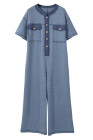 Beau Blue Half Placket Chest Pockets Short Sleeve Wide Leg Jumpsuit