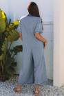 Beau Blue Half Placket Chest Pockets Short Sleeve Wide Leg Jumpsuit