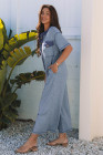 Beau Blue Half Placket Chest Pockets Short Sleeve Wide Leg Jumpsuit