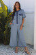 Beau Blue Half Placket Chest Pockets Short Sleeve Wide Leg Jumpsuit