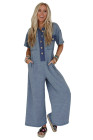 Beau Blue Half Placket Chest Pockets Short Sleeve Wide Leg Jumpsuit