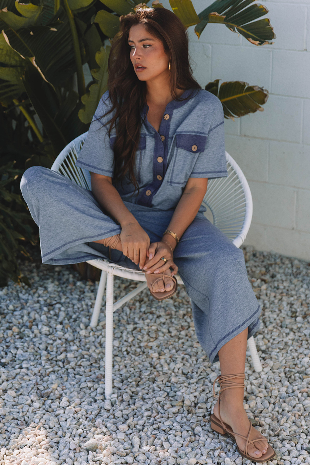 Beau Blue Half Placket Chest Pockets Short Sleeve Wide Leg Jumpsuit