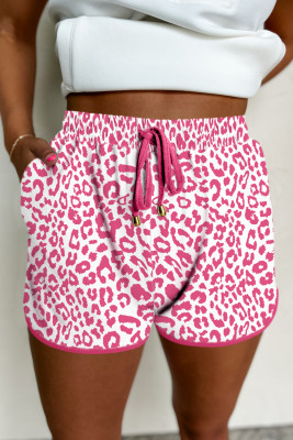 Pink Leopard Elastic Waistband Lace up Contrast Trim Casual Shorts LC731818-P1020