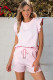 Pink Bow Jacquard Ruffle Sleeve Short 2pcs Outfit