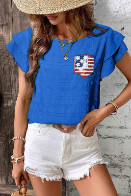 Dark Blue Textured Sequin Stars and Stripes Patched Ruffled Short Sleeve Blouse LC25132388-P5