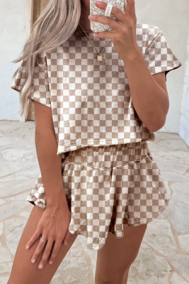 Brown Checkerboard T Shirt and High Waist Skorts 2 Piece Outfit LC627483-P1720