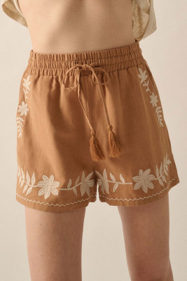 Khaki Embroidered Boho Tasseled Drawstring Elastic Waistband Casual shorts LC731803-P1620