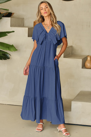 Navy Blue Textured V Neck Flutter Sleeve Ruffled Maxi Dress LC6118459-P605