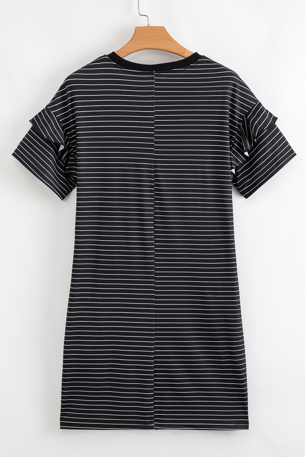 Black Stripe Ruffled Short Sleeve Crew Neck T Shirt Shift Mini Dress
