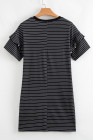 Black Stripe Ruffled Short Sleeve Crew Neck T Shirt Shift Mini Dress