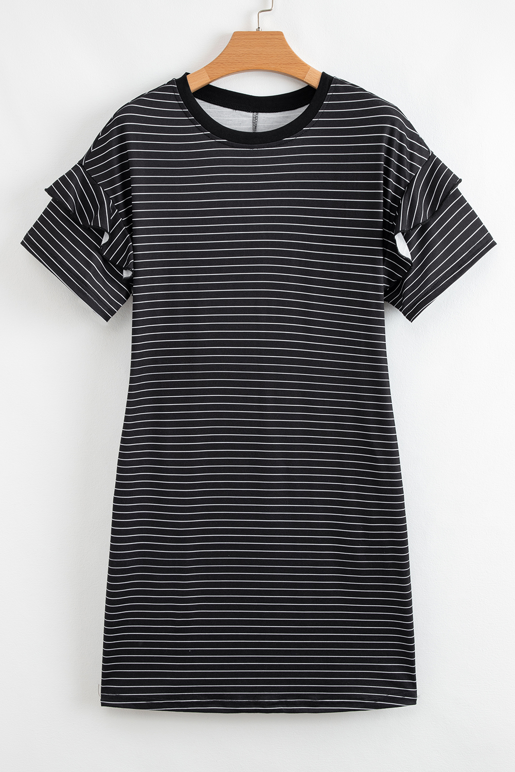 Black Stripe Ruffled Short Sleeve Crew Neck T Shirt Shift Mini Dress