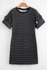 Black Stripe Ruffled Short Sleeve Crew Neck T Shirt Shift Mini Dress