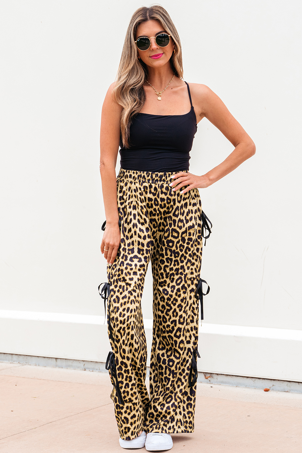 Brown Leopard Print Bow Tie Elastic Waistband Loose High Waist Pants