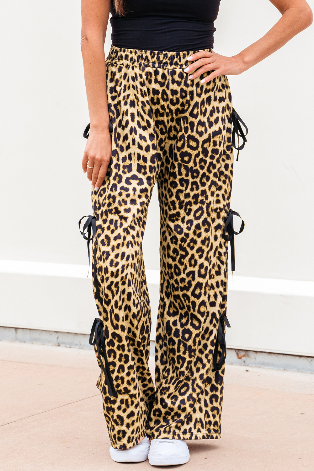 Brown Leopard Print Bow Tie Elastic Waistband Loose High Waist Pants