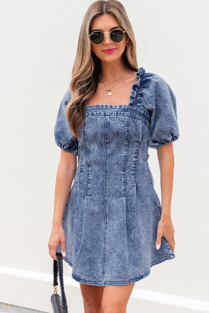 Blue Frilly Square Neck Bustier Puff Sleeve Short Denim Dress LC786883-P305