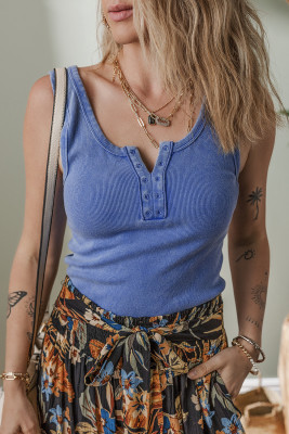Sky Blue Mineral Wash Ribbed Notch Neck Tank Top LC25612491-P205