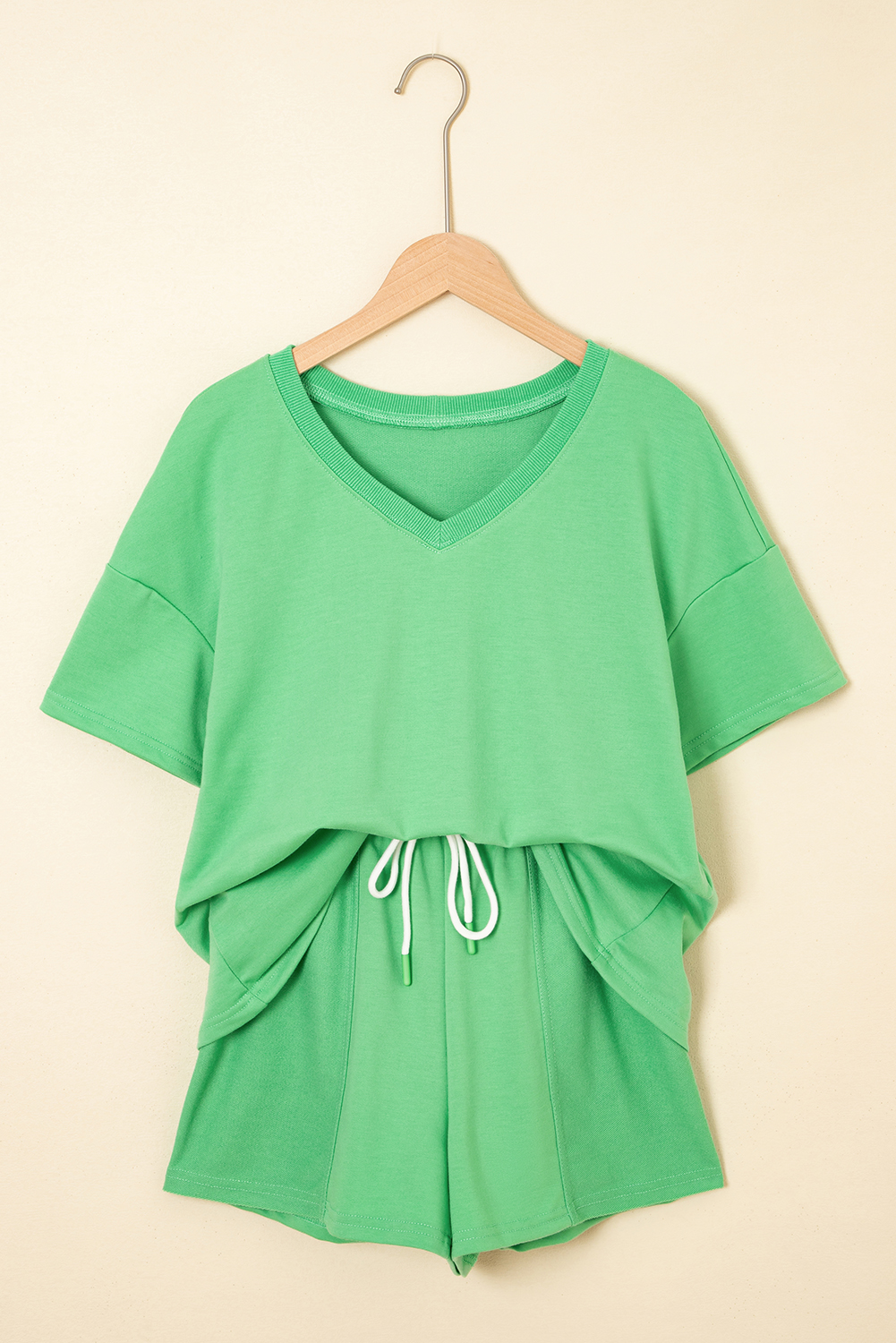 Mint Green V Neck Drop Shoulder Tee and Patchwork Drawstring Elastic Waistband Shorts Set