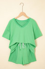 Mint Green V Neck Drop Shoulder Tee and Patchwork Drawstring Elastic Waistband Shorts Set