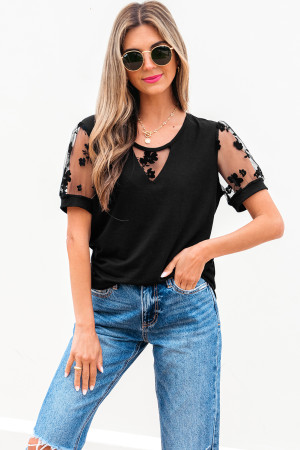 Black Flora Lace Patchwork Crew Neck T Shirt LC25227738-P2