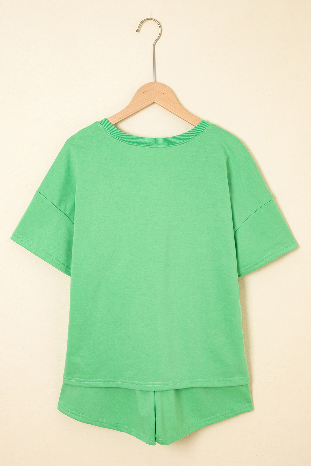 Mint Green V Neck Drop Shoulder Tee and Patchwork Drawstring Elastic Waistband Shorts Set