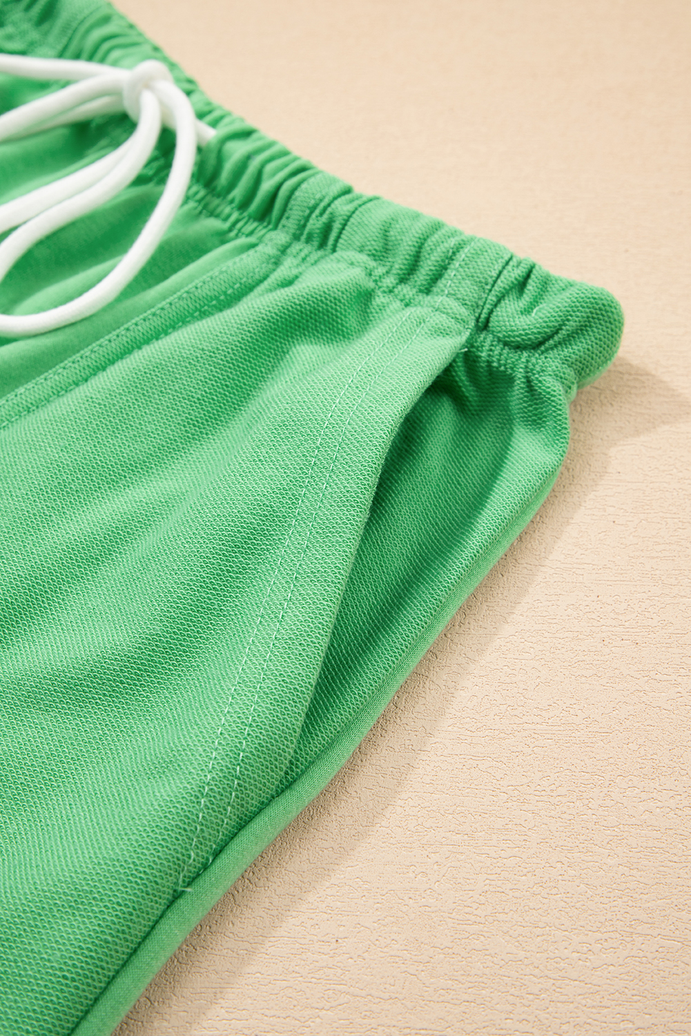 Mint Green V Neck Drop Shoulder Tee and Patchwork Drawstring Elastic Waistband Shorts Set