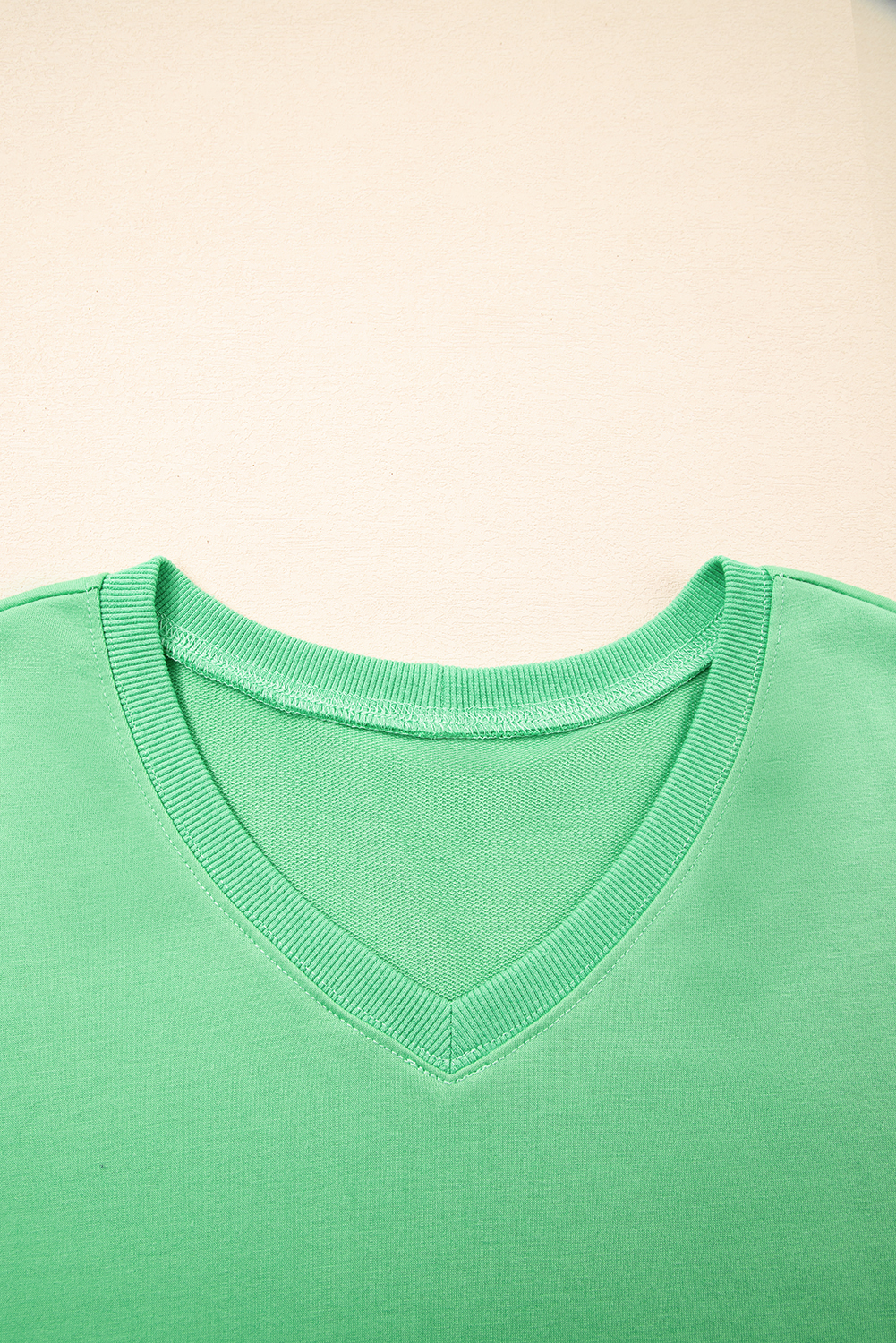 Mint Green V Neck Drop Shoulder Tee and Patchwork Drawstring Elastic Waistband Shorts Set