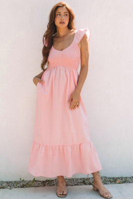 Pink V Neck Flutter Sleeve Smocked Bodice High Waist Ruffle Maxi Dress LC6123564-P2010