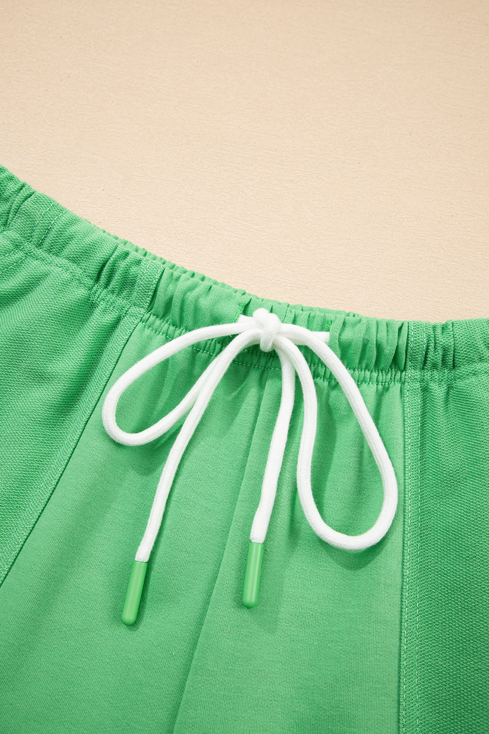 Mint Green V Neck Drop Shoulder Tee and Patchwork Drawstring Elastic Waistband Shorts Set