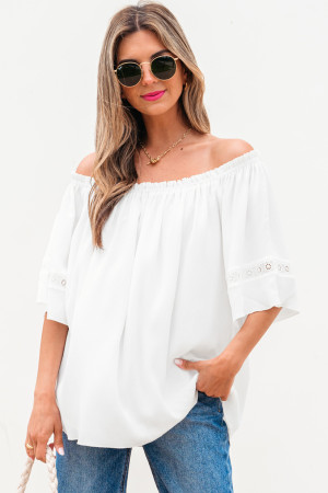 White Frilly Off Shoulder Lace Insert Sleeve Textured Blouse LC25126873-P1
