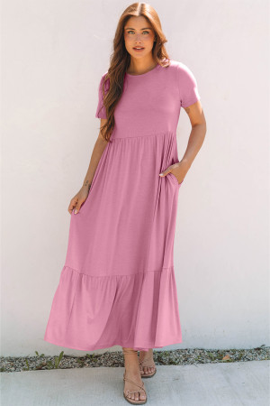 Pink Solid Color T-shirt High Waist Pocketed Long Dress LC6124794-P10