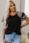 Black Leopard Print Patchwork Ruffled Sleeve V Neck T Shirt