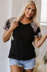 Black Leopard Print Patchwork Ruffled Sleeve V Neck T Shirt