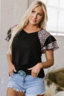 Black Leopard Print Patchwork Ruffled Sleeve V Neck T Shirt
