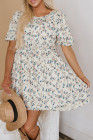 Beige Floral Puff Short Sleeve Empire Waist Mini Dress