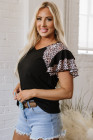 Black Leopard Print Patchwork Ruffled Sleeve V Neck T Shirt