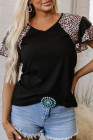 Black Leopard Print Patchwork Ruffled Sleeve V Neck T Shirt