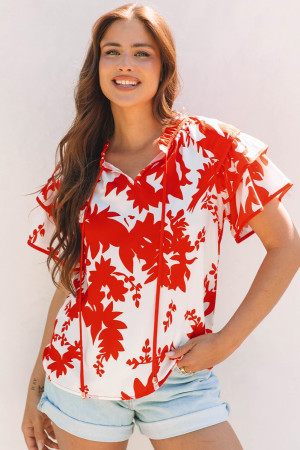 Red Plant Print Tiered Ruffled Sleeve V Neck Blouse LC25131947-P10320