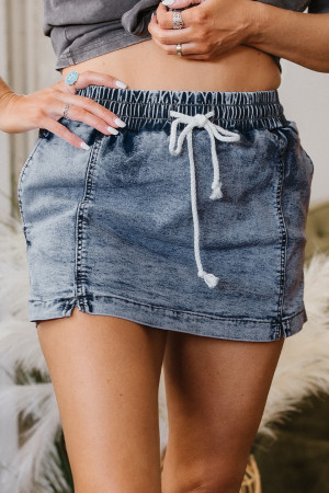 Dusk Blue Drawstring Elastic Waistband Pocketed Denim Shorts LC7831840-P704