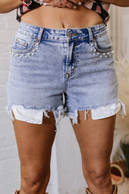 Beau Blue Pearl Studded Pockets Raw Hem Denim Shorts LC7831637-P804