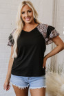 Black Leopard Print Patchwork Ruffled Sleeve V Neck T Shirt