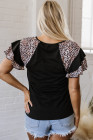 Black Leopard Print Patchwork Ruffled Sleeve V Neck T Shirt