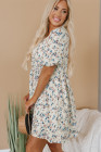 Beige Floral Puff Short Sleeve Empire Waist Mini Dress