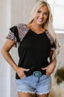 Black Leopard Print Patchwork Ruffled Sleeve V Neck T Shirt
