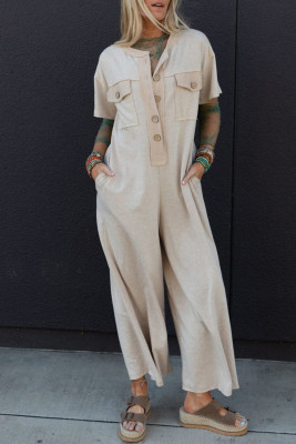 Beige Half Placket Chest Pockets Short Sleeve Wide Leg Jumpsuit LC6414096-P2015
