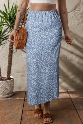 Sky Blue Boho Floral High Waist Long Skirt with Side Split LC7211073-P420