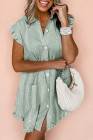 Green Stripe Frilled Sleeveless Collar Front Pocket Button Up Mini Dress