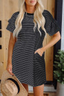 Black Stripe Ruffled Short Sleeve Crew Neck T Shirt Shift Mini Dress