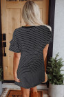 Black Stripe Ruffled Short Sleeve Crew Neck T Shirt Shift Mini Dress