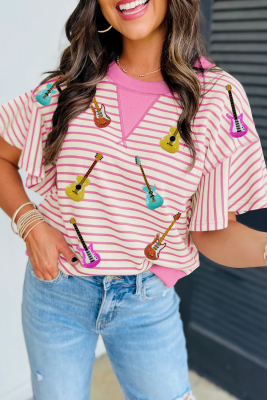 Sachet Pink Striped Guitar Patched Ruffle Short Sleeve Crossed Seam Blouse LC25132866-P406